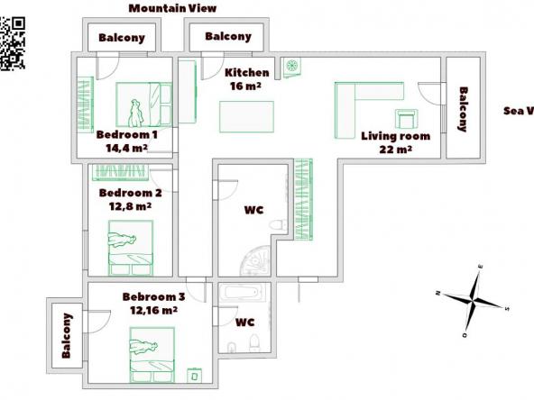 Сomfortable apartment with 3 bedrooms in Becici