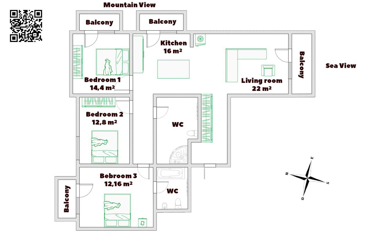 Сomfortable apartment with 3 bedrooms in Becici